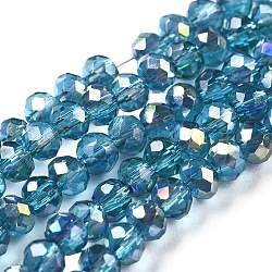 Perlas de rondelle facetado de vidrio electrochapa hebras, medio chapado, cielo azul profundo, 3x2mm, agujero: 1 mm, aproximamente 165~169 pcs / cadena, 15~16 pulgada (38~40 cm)