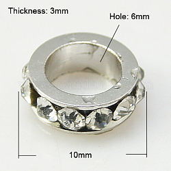 Perles séparateurs en laiton avec strass, Grade a, de couleur métal platine , cristal, 10x3mm, Trou: 6mm
