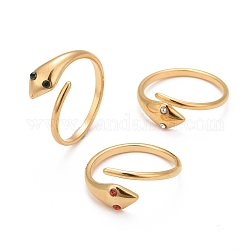 Placcatura ionica (ip) 304 anello a polsino aperto con serpente in acciaio inossidabile con strass per donna, oro, colore misto, diametro interno: 16.5~18.9mm