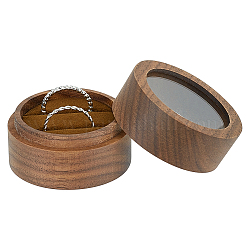丸い木製の婚約指輪ボックス  カップルリング用の透明窓付きジュエリーボックス収納ケース  サドルブラウン  4.95x3.5cm