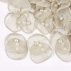 Pendentifs en organza, avec des accessoires de fer et de perles d'imitation en plastique ABS, or clair, verge d'or pale, 40~55x43~53mm, Trou: 2mm