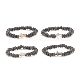 Bracelet extensible perlé en pierre de lave naturelle, bracelet croix en laiton avec zircone cubique transparente pour femme, couleur mixte, diamètre intérieur: 2 pouce (5 cm)