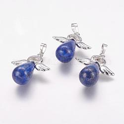 Lapis-lazuli synthétiques pendentifs, avec les accessoires en laiton, teinte, ange, platine, 36~38x29x13mm, Trou: 5x8mm