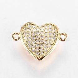Brass Micro Pave Cubic Zirconia Links, Clear, Real 18K Gold Plated, Heart, 12x17.5x5.5mm, Hole: 1mm