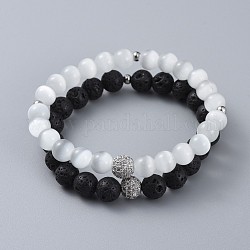 Stretch Bracelet Sets, with Cat Eye Round Beads, Natural Lava Rock Round Beads, Brass Cubic Zirconia Round Beads and 304 Stainless Steel Spacer Beads, with Burlap Paking Pouches, White & Black, 1-7/8 inch~2-1/4 inch(4.9~5.6cm), 2pcs/set