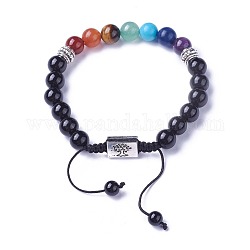 Bijoux chakra, bracelets de perles tressées en pierre naturelle et synthétique, avec de l'obsidienne naturelle, accessoires en alliage et cordon de nylon, rectangle avec arbre, 52~76mm