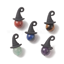 Colgantes redondos de piedra mixta natural con tema de halloween, amuletos de brujas, con sombrero de aleación negro, color mezclado, 19.5x11x11mm, agujero: 1.5 mm