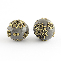 Round Handmade Indonesia Beads, with Antique Bronze Metal Color Alloy Cores, Slate Gray, 13~14x14~16mm, Hole: 1~1.5mm