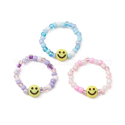 3Pcs 3 Color Glass Seed & Acrylic Smiling Face Beaded Stretch Rings Set, Mixed Color, Inner Diameter: 19mm, 1Pc/color