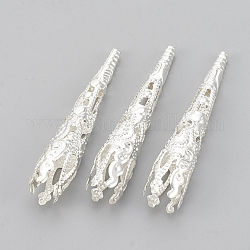 Iron Bead Cones, 6-Petal, Filigree, Trumpet, Silver Color Plated, 40~41x8~8.5mm, Hole: 1~2mm