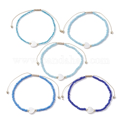 Set di 5 braccialetti con perline intrecciate a forma di cuore e semi di conchiglia naturale in 5 colori, braccialetti impilabili regolabili in ematite sintetica, blu, diametro interno: 2-1/4~3-3/8 pollice (5.6~8.7 cm), 1pc / color