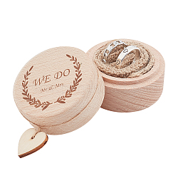 Cajas de anillos de madera grabada, con tela de pvc ramio algodón y colgante de corazón, caja de la joya, ronda con la palabra que hacemos, burlywood, 5.3x4 cm