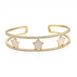 Bracelet manchette ouvert étoile en émail avec zircone cubique transparente, véritables bijoux en laiton plaqué 18k or véritable pour femmes, blanc crème, diamètre intérieur: 2-3/8 pouce (5.9 cm)