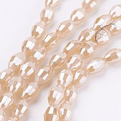 FilI di perline in vetro placcato, pieno lustro di perla placcato, sfaccettato, ovale, navajo bianco, 6x4mm, Foro: 1 mm, circa 72pcs/filo, 16 pollice