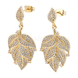 Clear Cubic Zirconia Maple Leaf Dangle Stud Earring, Brass Jewelry for Women, Real 18K Gold Plated, 39mm, Pin: 0.8mm