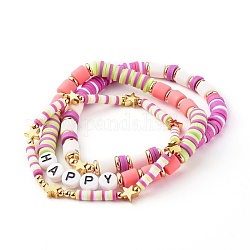 Handgemachte Polymer-Ton-Perlen-Stretch-Armbänder-Sets, mit Messingperlen und Acryl-Emaille-Perlen, glücklich, rosa, Innendurchmesser: 2-1/8 Zoll (5.5 cm), 3 Stück / Set