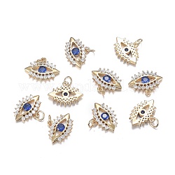 Brass Micro Clear & Blue Cubic Zirconia Charms, Long-Lasting Plated, Horse Eye, Real 18K Gold Plated, 10.5x14x2mm, Hole: 2.6mm