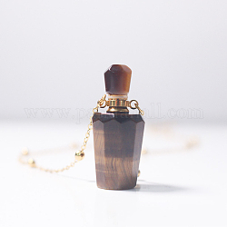 Collier pendentif bouteille de parfum oeil de tigre naturel avec chaînes en laiton, Collier flacon d'huile essentielle pour femme, or, 25.59 pouce (65 cm), capacité: 0.88 ml (0.03 oz liq.)