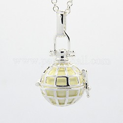 Silver Tone Grid Brass Cage Pendants, Chime Ball Pendants, with Brass Spray Painted Bell Beads, Lemon Chiffon, 25x23x19mm, Hole: 3x5mm