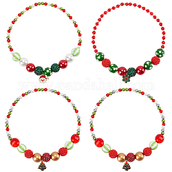 4Pcs 4 Styles ABS Plastic Pearl & Acrylic & Resin Beaded Necklaces Set, Christmas Tree & Snowflake & Santa Claus Alloy Enamel Pendants Stackable Necklaces for Women, Mixed Color, 18.90 inch(48cm), 1Pc/style