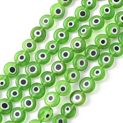Handmade bösen Blick lampwork flache runde Perle Stränge, lime green, 8x3.2 mm, Bohrung: 1 mm, ca. 49 Stk. / Strang, 14.56 Zoll