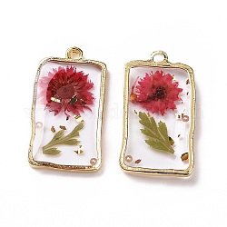 Transparent Clear Epoxy Resin Pendants, with Edge Golden Plated Alloy Loops, Rectangle Charms with Inner Flower, Dark Sea Green, 26x14.5x3mm, Hole: 2mm