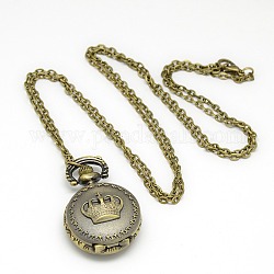 Alloy Flat Round with Crown Pendant Necklace Quartz Pocket Watch, with Iron Chains and Lobster Claw Clasps, Antique Bronze, 30.7inch, Watch Head: 36x27x14mm