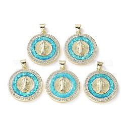 Rack Plating Brass Micro Pave Clear Cubic Zirconia Pendants, with Synthetic Opal, Cadmium Free & Lead Free, Long-Lasting Plated, Real 18K Gold Plated, Flat Round, Flat Round, 25x22.5x4.5mm, Hole: 5x3.2mm