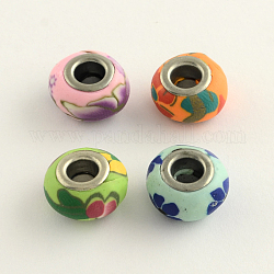 Handmade Polymer Clay European Beads, Large Hole Rondelle Beads, with Platinum Plated Double Cores, Mixed Color, 12~14x8~9mm, Hole: 5mm