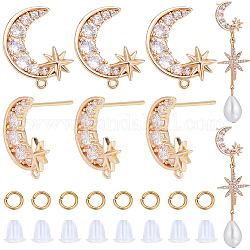 CREATCABIN 6Pcs Brass Pave Clear Cubic Zirconia Moon with Star Stud Earring Findings, with Horizontal Loops & 50Pcs Open Jump Rings & 50Pcs Plastic Ear Nuts, Real 18K Gold Plated, 16x13mm, Hole: 1mm