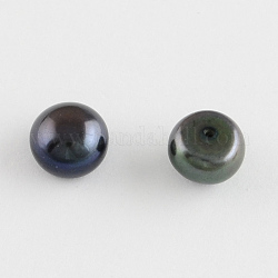 Grade AAA Natural Pearl Beads, Half Drilled, Flat Round, Black, 7~7.5x5mm, Half Hole: 1mm