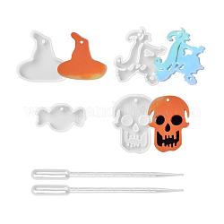 Halloween DIY Pendants Resin Silicone Molds, with Plastic Pipettes, for Jewelry Making, Witch & Skull & Candy & Witch Hat Shape, Wheat, 85x86x11mm, Hole: 3mm