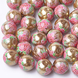 Printed & Spray Painted Imitation Pearl Glass Beads, Round with Flower Pattern, Dark Goldenrod, 8~8.5x7.5mm, Hole: 1.4mm