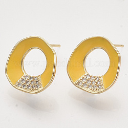 Accessoires de clous d'oreilles en laiton avec micro pavé zircone cubique, émail et boucle, sans nickel, véritable 18k plaqué or, anneau, jaune, 15x14.5mm, Trou: 1mm, pin: 0.7 mm
