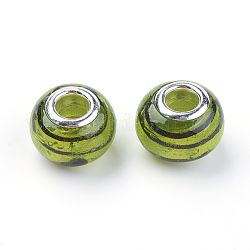 Striped Handmade Silver Foil Glass European Beads, Rondelle, Yellow Green, about 14mm in diameter, 9mm thick, hole: 5mm