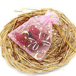 Sacs-cadeaux rectangulaires en organza avec cordon de serrage, estampage à chaud, sacs de rangement avec imprimé lune et étoiles, perle rose, 9x7 cm