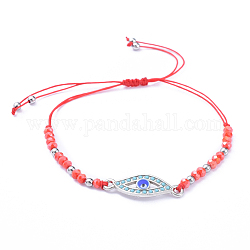 Bracelets de perles de nylon tressés réglables, avec perles en 201 acier inoxydable, perles de verre et maillons en alliage émaillé, mauvais œil, rouge, diamètre intérieur: 1-3/8 pouce ~ 3-1/4 pouces (3.3~8.2 cm)