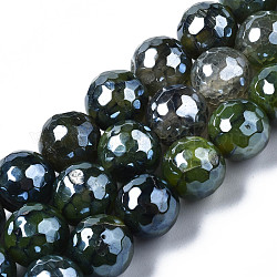 Filo di perline di agata naturale, lustro di perla placcato, sfaccettato, tondo, verde oliva scuro, 12mm, Foro: 1.6 mm, circa 32~34pcs/filo, 13.94~16.06 pollice (35.4~40.8 cm)