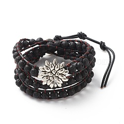 Natural Lava Rock Triple Layered Wrap Bracelet with Alloy Lotus, Essential Oil Gemstone Braided Bracelet for Women, 23 inch(58.5cm)