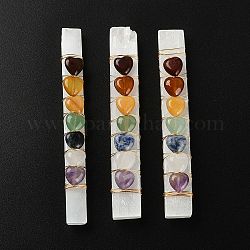 Chakra Jewelry, Natural Selenite Home Decorations, with Brass Wire Wrapped and Natural Gemstone Heart Beads, Rectangle, 90~110x10~15x5~8mm