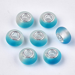 Resin European Beads, Large Hole Beads, with Silver Color Plated Brass Cores, Rubberized Style, Rondelle, Deep Sky Blue, 14x8mm, Hole: 5mm