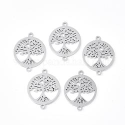 201 Stainless Steel Links connectors, Flat Round with Tree of Life, Stainless Steel Color, 19.5x15x1mm, Hole: 1.2mm