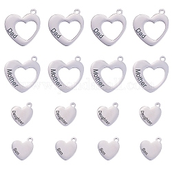 8 pz 4 stili cuore vuoto con la parola, colore acciaio inossidabile, 18~29x16~26x1.5mm, Foro: 2.5 mm, 2pcs / style