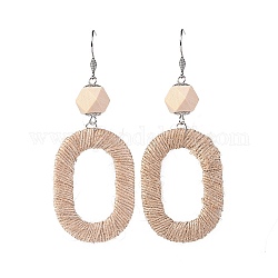 Dangle Earrings, with Wood Beads, ABS Plastic Covered with Jute Twine Linking Rings and Brass Earring Hooks, Oval, Wheat, 92.5mm, Pin: 0.6mm