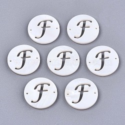 Natural Freshwater Shell Links Connectors, Flat Round with Letter, Letter.F, 14.5x1.5mm, Hole: 0.9mm