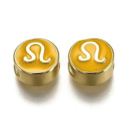 Messing Perlen, mit Emaille, flach rund mit Konstellation / Sternbild, echtes 18k vergoldet, golden, Löwe, 10x5 mm, Bohrung: 4.5x2.5 mm
