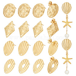 Unicraftale 24Pcs 4 Style Flat Round & Rhombus & Shell Shape 304 Stainless Steel Stud Earring Findings, Golden, 20~24x17.5~20x1mm, Hole: 1.6~1.7mm, Pin: 0.8mm, 6Pcs/style