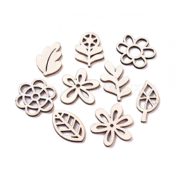 Laser Cut Wood Shapes, Unfinished Wooden Embellishments, Poplar Wood Cabochons, Leaf & Flower, Blanched Almond, 27.5~31.5x17.5~31.5x2.5mm, about 100pcs/bag