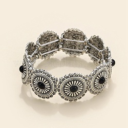 Braccialetti elasticizzati con perline floreali in lega stile bohémien per donna, con perline imitazione turchese acrilico, argento antico, diametro interno: 2 pollice (5 cm)