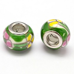Perline europei fatti a mano del polimero rondelle, perline con foro grande, con due nucleo in ottone colore platino, verde lime, 13x9mm, Foro: 5 mm